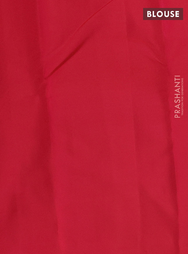 Kanchipuram silk saree blue and reddish pink with allover self emboss & copper zari buttas in borderless style