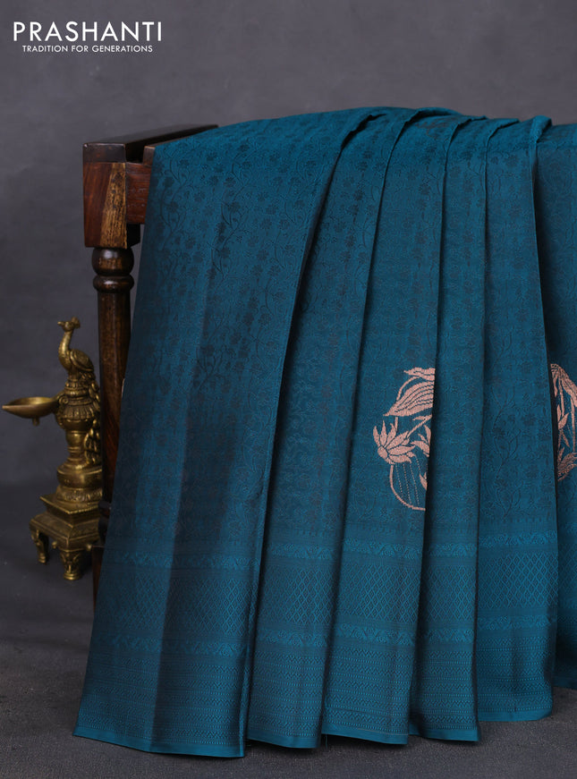 Kanchipuram silk saree peacock green and mustard yellow with allover self emboss & copper zari buttas and self emboss border