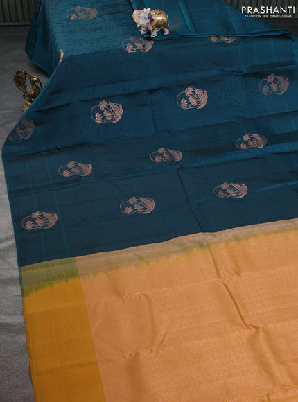 Kanchipuram silk saree peacock green and mustard yellow with allover self emboss & copper zari buttas and self emboss border