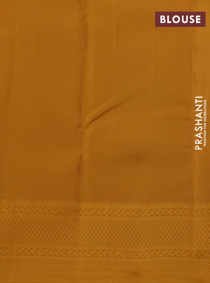 Kanchipuram silk saree peacock green and mustard yellow with allover self emboss & copper zari buttas and self emboss border