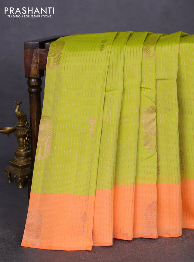 Kanchipuram silk saree lime yellow and orange with allover copper zari weaves and copper zari woven border