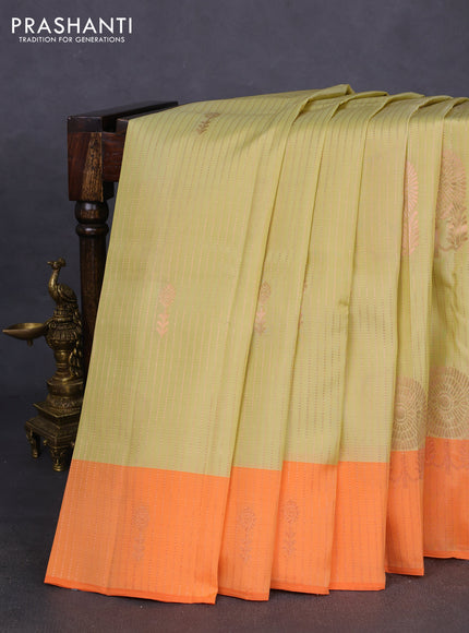 Kanchipuram silk saree yellow shade and orange with allover copper zari weaves and copper zari woven border