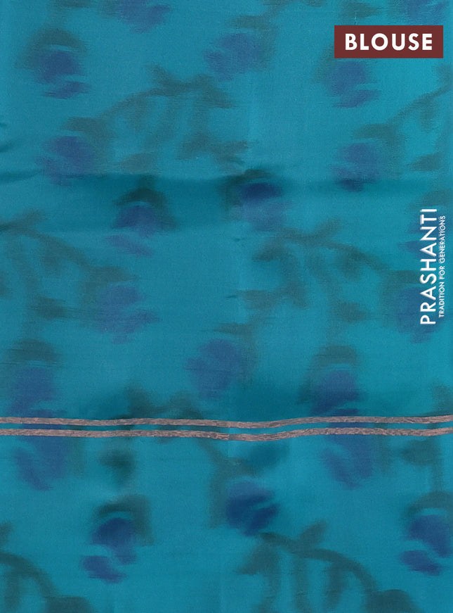 Kanchipuram silk saree teal green shade and teal blue with copper zari weaves & buttas and copper zari woven ikat style border