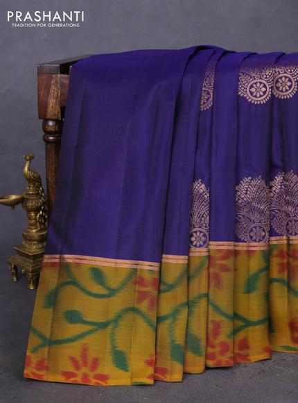 Kanchipuram silk saree blue and dark mustard with copper zari weaves & buttas and copper zari woven ikat style border