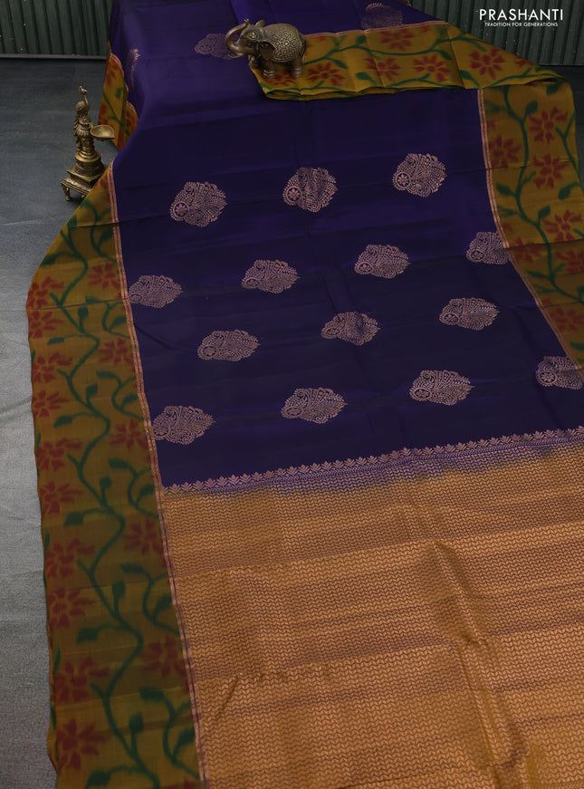 Kanchipuram silk saree blue and dark mustard with copper zari weaves & buttas and copper zari woven ikat style border