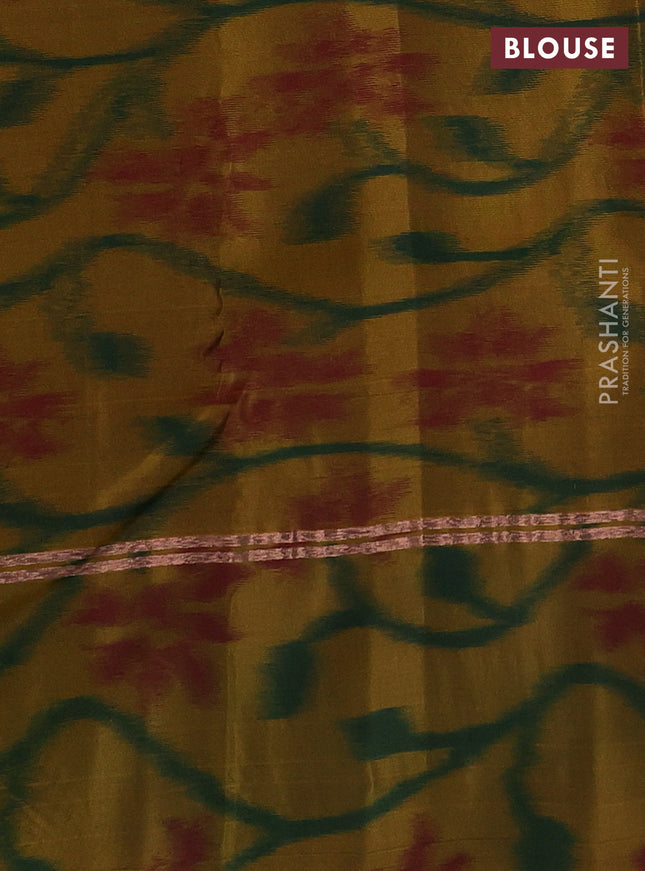 Kanchipuram silk saree blue and dark mustard with copper zari weaves & buttas and copper zari woven ikat style border