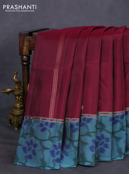 Kanchipuram silk saree dark magenta pink and pastel blue with copper zari weaves & buttas and copper zari woven ikat style border