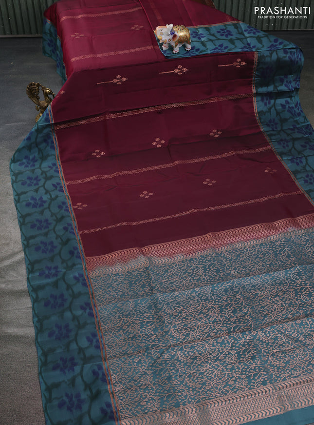 Kanchipuram silk saree dark magenta pink and pastel blue with copper zari weaves & buttas and copper zari woven ikat style border