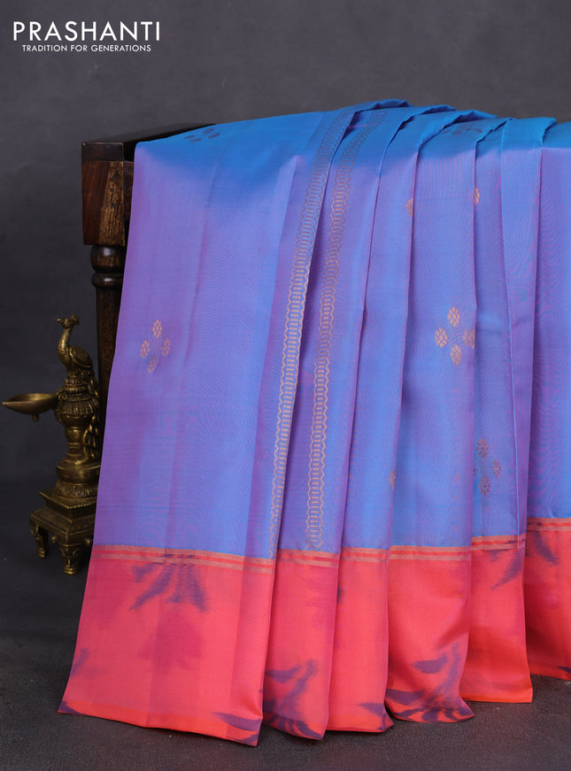 Kanchipuram silk saree dual shade of blue and peach shade with copper zari weaves & buttas and copper zari woven ikat style border