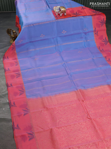 Kanchipuram silk saree dual shade of blue and peach shade with copper zari weaves & buttas and copper zari woven ikat style border