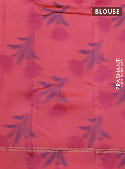 Kanchipuram silk saree dual shade of blue and peach shade with copper zari weaves & buttas and copper zari woven ikat style border