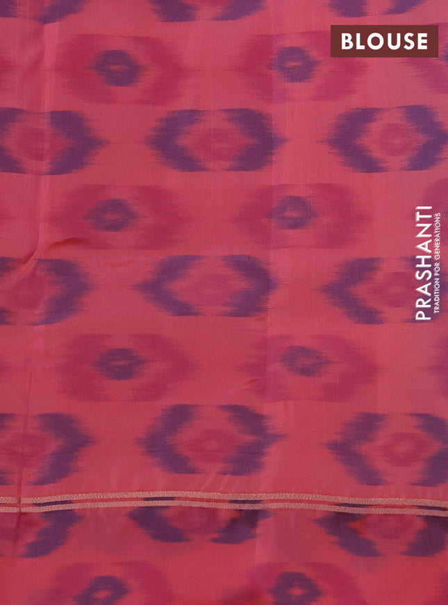 Kanchipuram silk saree dual shade of pastel blue and peach shade with copper zari weaves & buttas and copper zari woven ikat style border