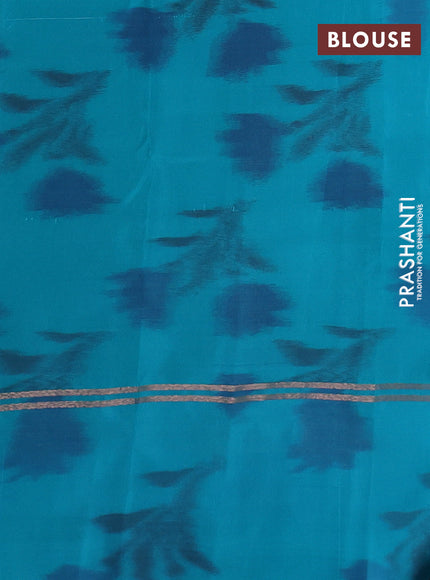 Kanchipuram silk saree pastel blue and teal green shade with copper zari woven buttas and copper zari woven ikat style border