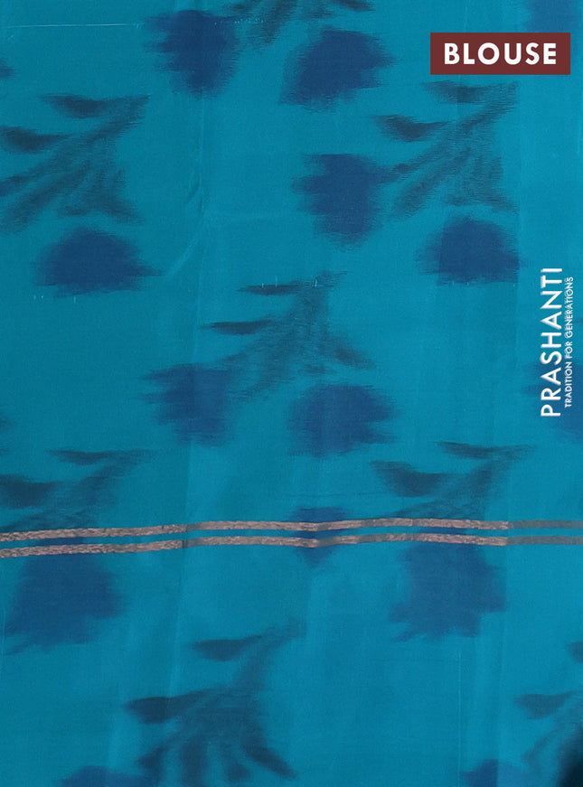 Kanchipuram silk saree pastel blue and teal green shade with copper zari woven buttas and copper zari woven ikat style border