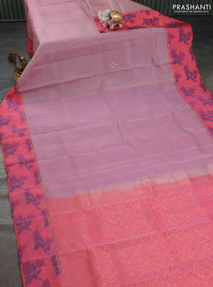 Kanchipuram silk saree dual shade of pastel pink and peach pink with copper zari woven buttas and copper zari woven ikat style border