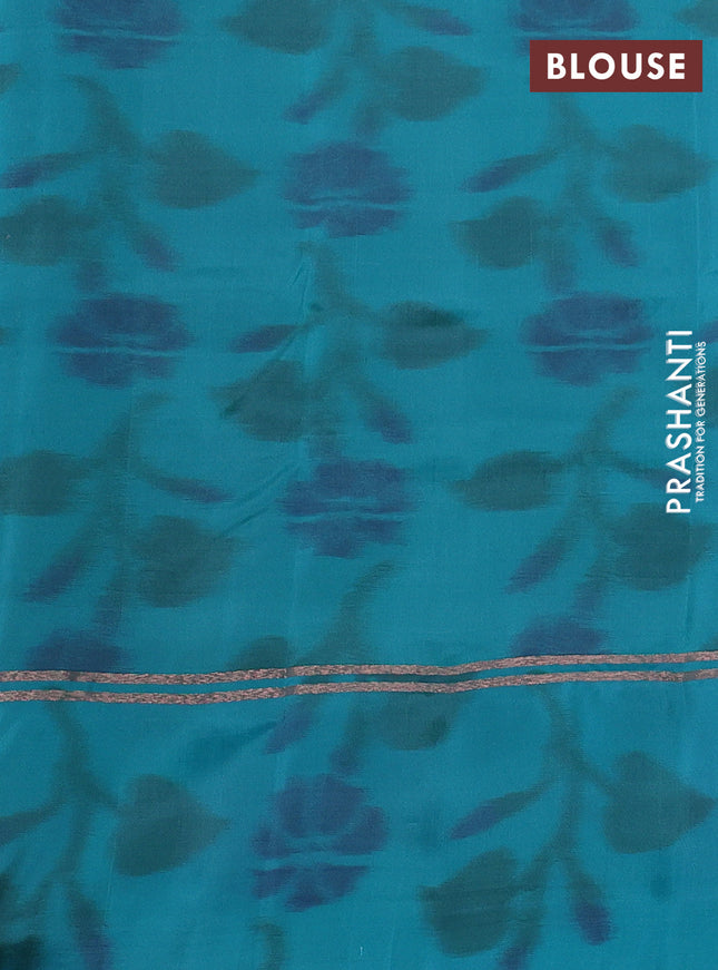 Kanchipuram silk saree dual shade of green and teal green with copper zari woven buttas and copper zari woven ikat style border
