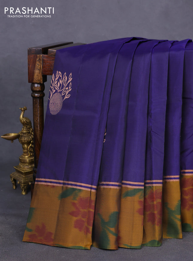 Kanchipuram silk saree dark blue and dark mustard and copper zari woven ikat style border and copper zari woven ikat style border