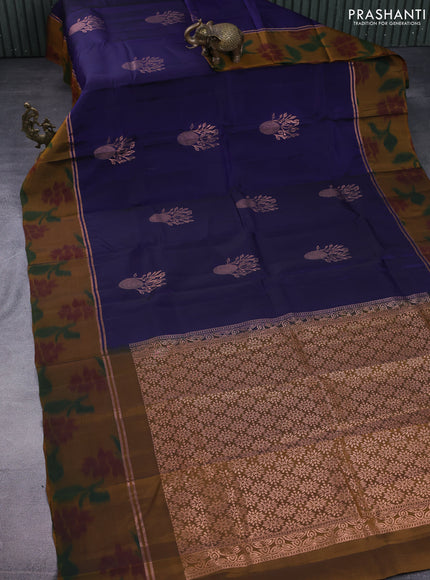 Kanchipuram silk saree dark blue and dark mustard and copper zari woven ikat style border and copper zari woven ikat style border