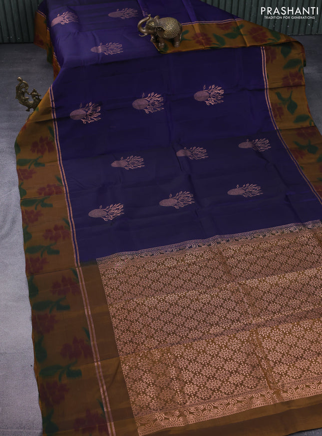 Kanchipuram silk saree dark blue and dark mustard and copper zari woven ikat style border and copper zari woven ikat style border