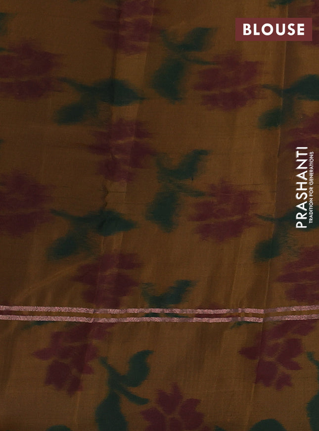 Kanchipuram silk saree dark blue and dark mustard and copper zari woven ikat style border and copper zari woven ikat style border