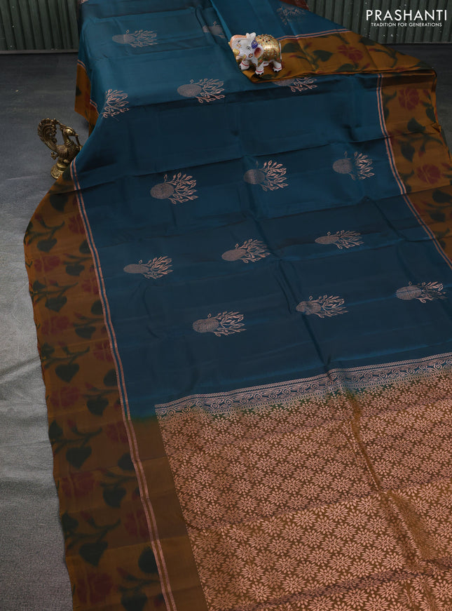 Kanchipuram silk saree peacock blue and dark mustard with copper zari woven buttas and copper zari woven ikat style border