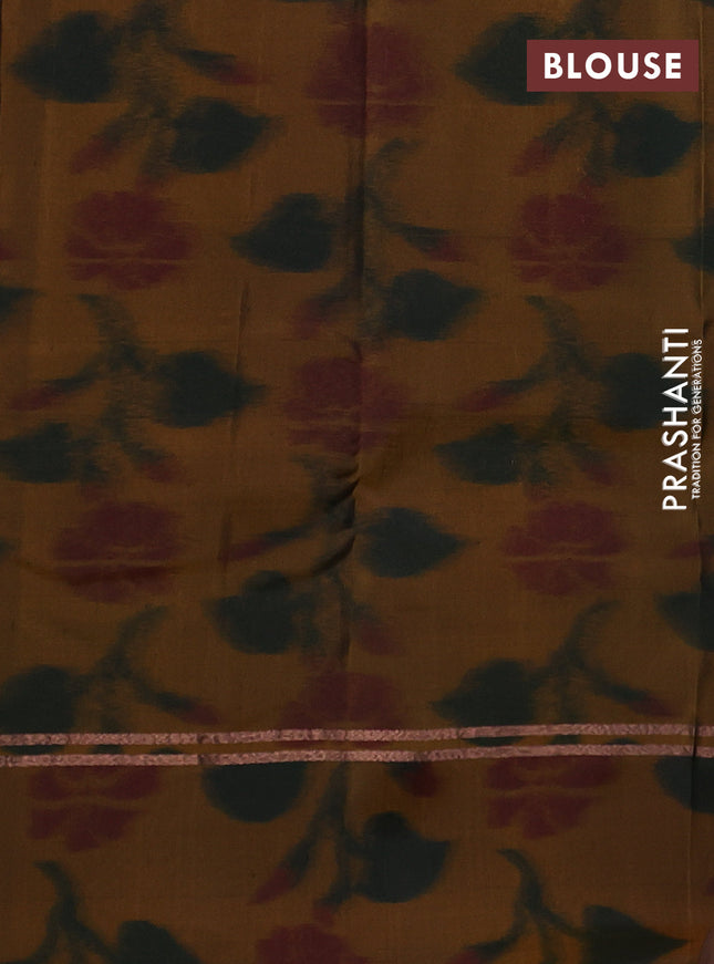 Kanchipuram silk saree peacock blue and dark mustard with copper zari woven buttas and copper zari woven ikat style border