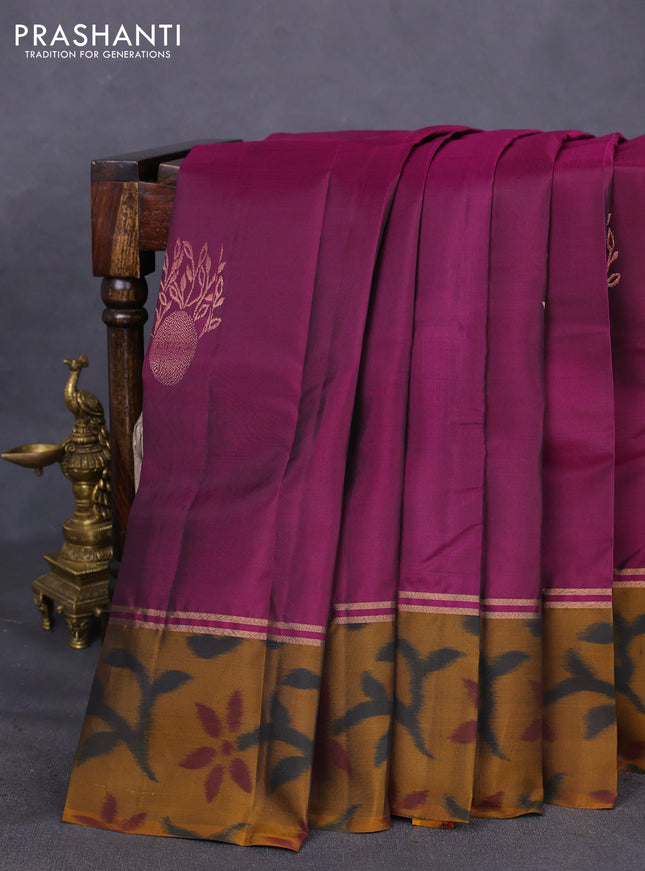 Kanchipuram silk saree purple and dark mustard with copper zari woven buttas and copper zari woven ikat style border