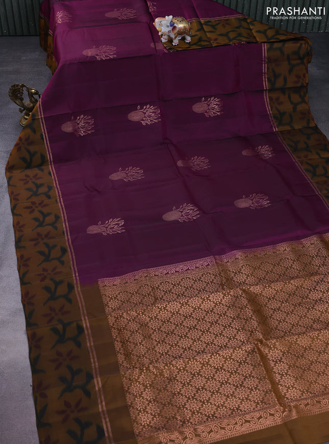Kanchipuram silk saree purple and dark mustard with copper zari woven buttas and copper zari woven ikat style border