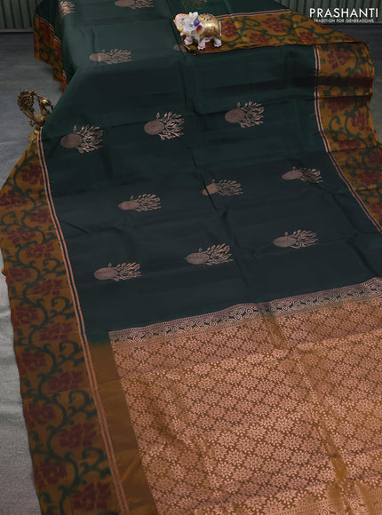 Kanchipuram silk saree bottle green and dark mustard with copper zari woven buttas and copper zari woven ikat style border