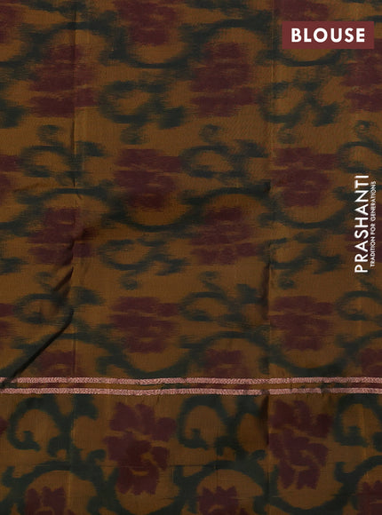 Kanchipuram silk saree bottle green and dark mustard with copper zari woven buttas and copper zari woven ikat style border