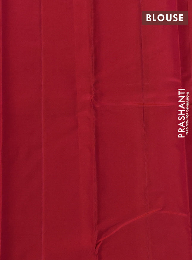 Kanchipuram silk saree green and dual shade of pinkish orange with copper zari woven buttas in borderless style