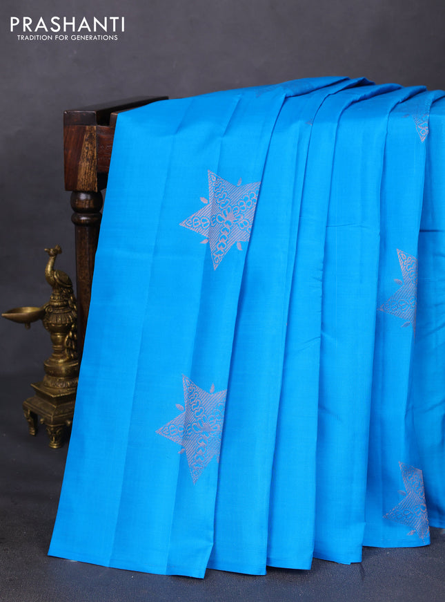 Kanchipuram silk saree cs blue and mustard yellow with copper zari woven buttas in borderless style