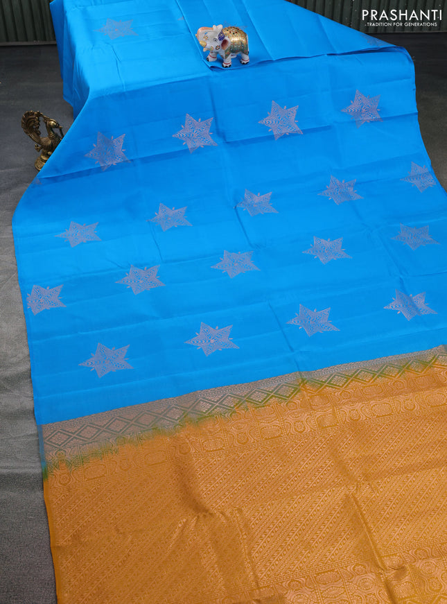 Kanchipuram silk saree cs blue and mustard yellow with copper zari woven buttas in borderless style