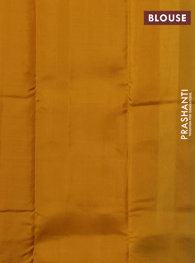 Kanchipuram silk saree cs blue and mustard yellow with copper zari woven buttas in borderless style