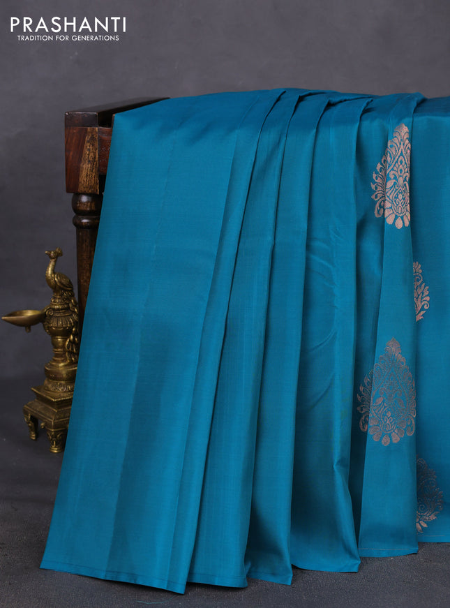 Kanchipuram silk saree peacock green and dark mustard with copper zari woven buttas in borderless style
