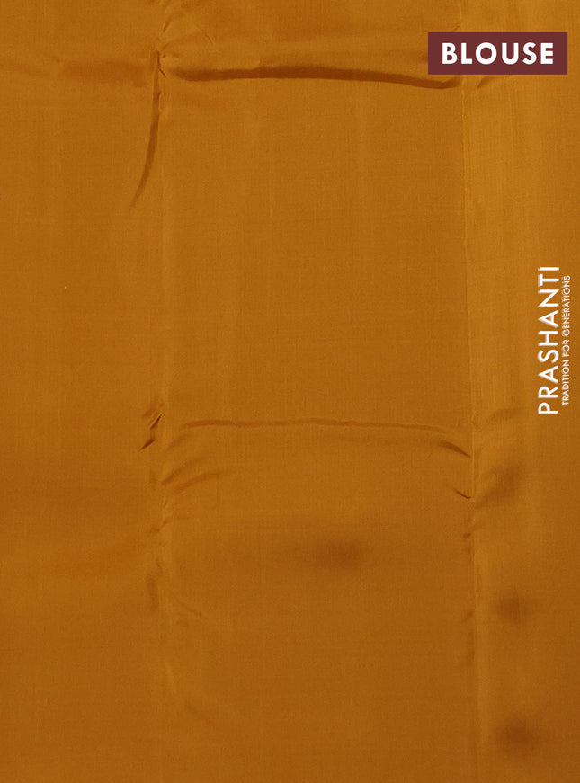 Kanchipuram silk saree peacock green and dark mustard with copper zari woven buttas in borderless style