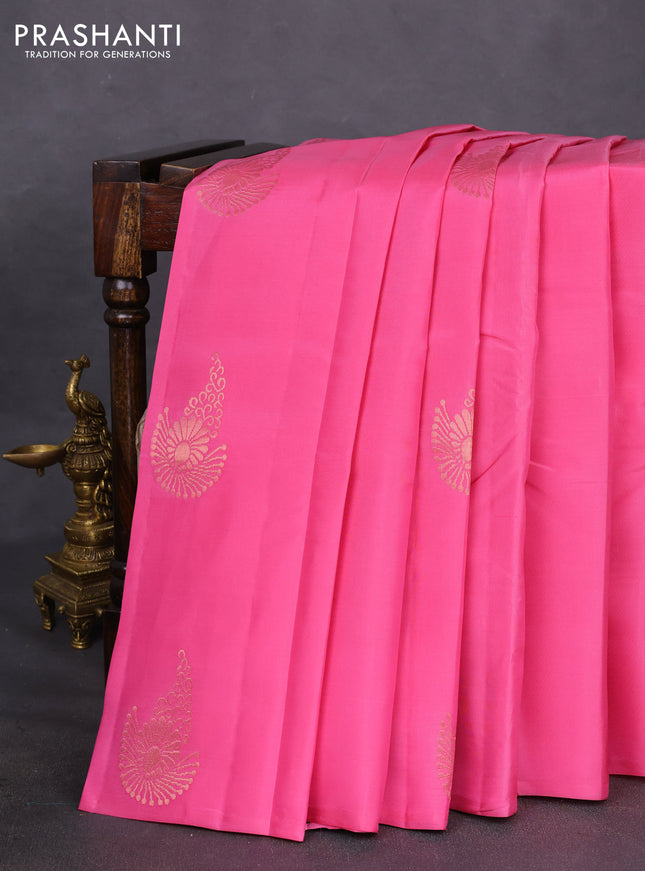 Kanchipuram silk saree light pink and teal blue shade with copper zari woven buttas in borderless style