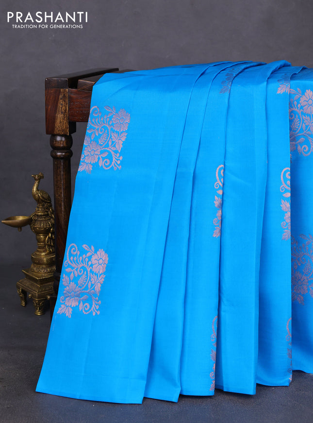 Kanchipuram silk saree cs blue and dual shade of pinkish orange with copper zari woven buttas in borderless style