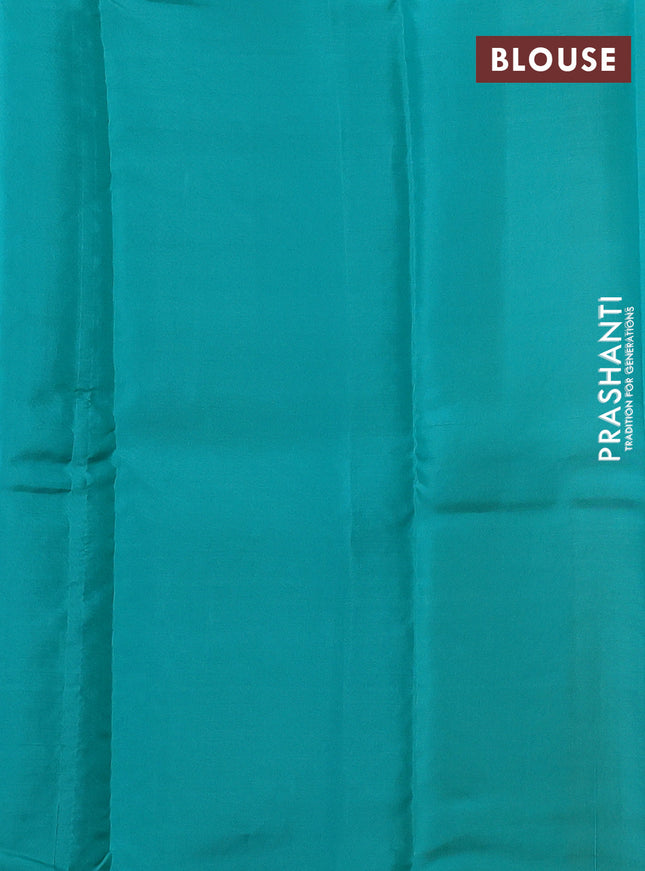 Kanchipuram silk saree yellow and teal blue with copper zari woven buttas in borderless style