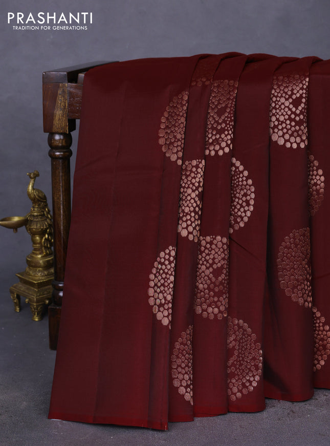 Kanchipuram silk saree maroon and pastel pink with copper zari woven buttas in borderless style