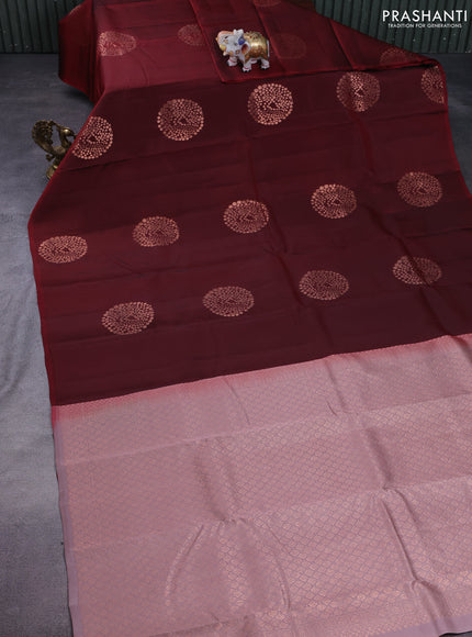 Kanchipuram silk saree maroon and pastel pink with copper zari woven buttas in borderless style