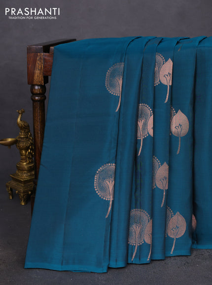 Kanchipuram silk saree peacock green and teal blue with copper zari woven buttas in borderless style