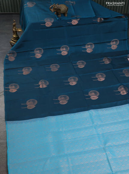 Kanchipuram silk saree peacock green and teal blue with copper zari woven buttas in borderless style