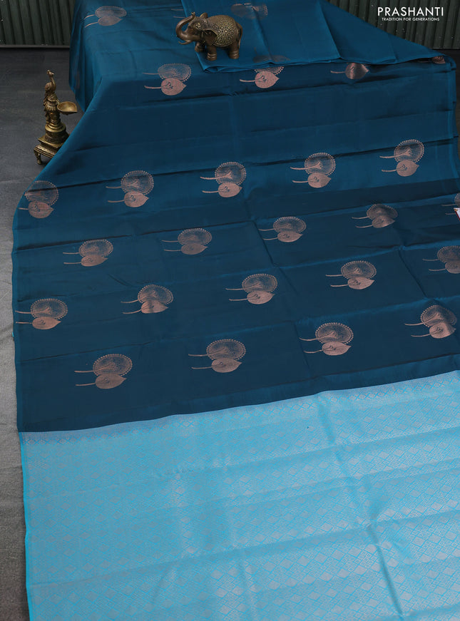 Kanchipuram silk saree peacock green and teal blue with copper zari woven buttas in borderless style