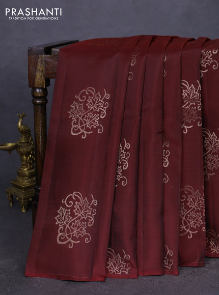 Kanchipuram silk saree maroon and mustard yellow with copper zari woven buttas in borderless style
