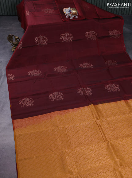 Kanchipuram silk saree maroon and mustard yellow with copper zari woven buttas in borderless style