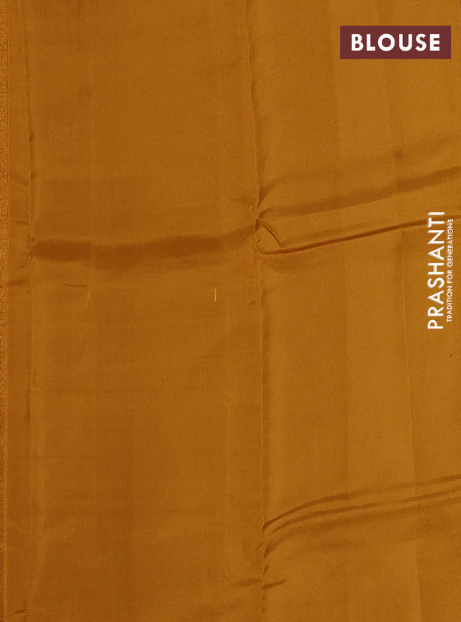 Kanchipuram silk saree maroon and mustard yellow with copper zari woven buttas in borderless style