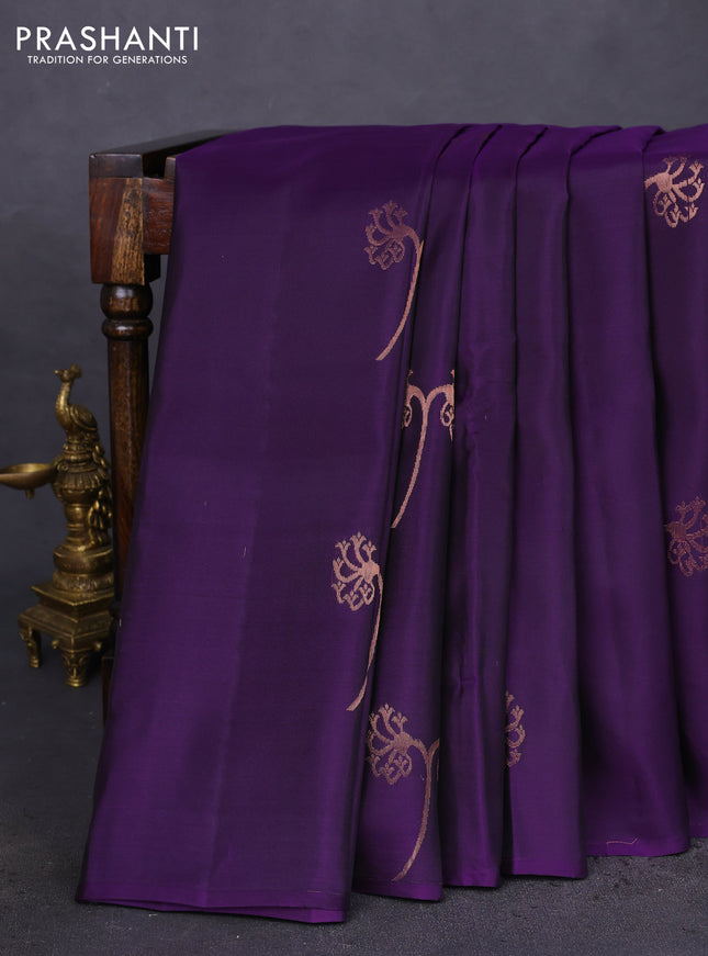 Kanchipuram silk saree violet and grey with copper zari woven buttas in borderless style
