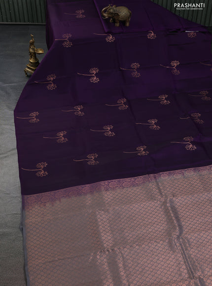 Kanchipuram silk saree violet and grey with copper zari woven buttas in borderless style