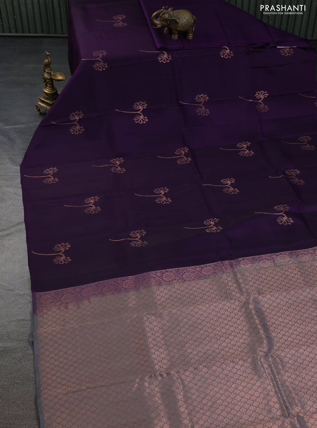 Kanchipuram silk saree violet and grey with copper zari woven buttas in borderless style